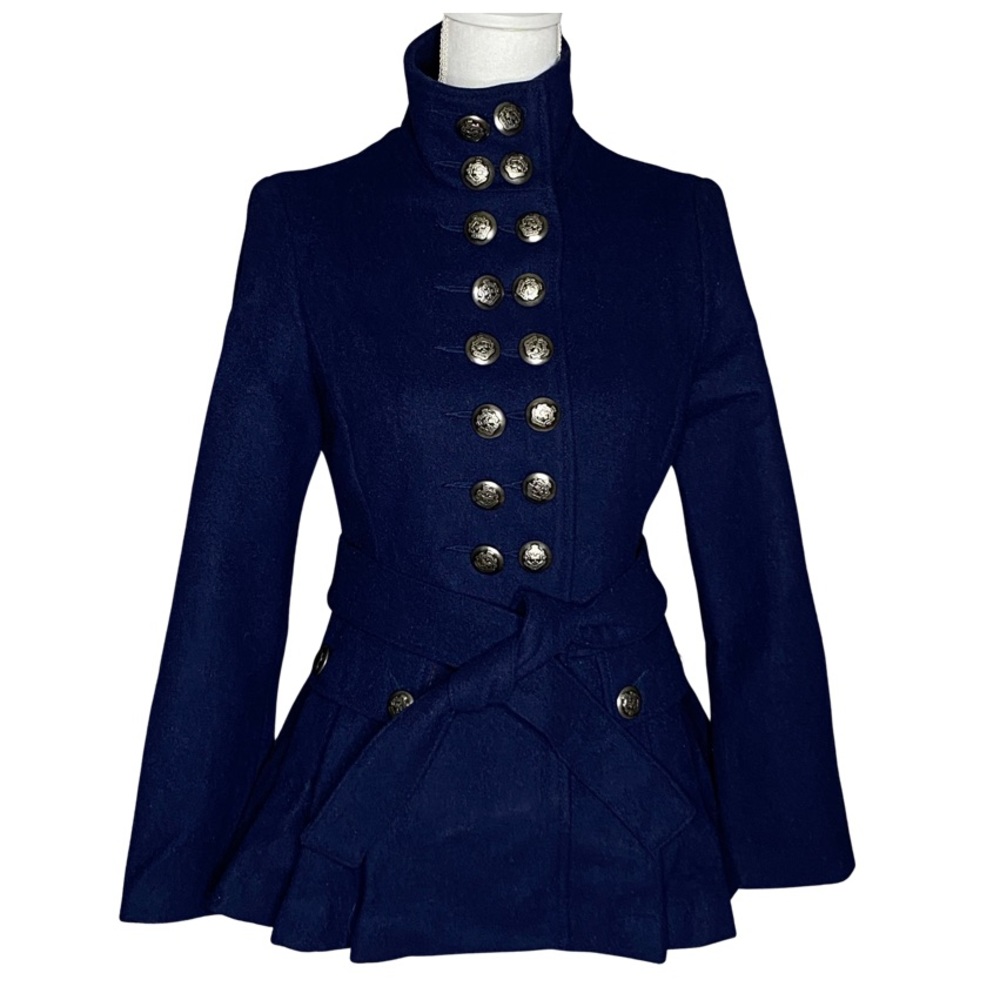 Free People Blue Peplum Military Style Pea Coat Jacket Wool Size 4